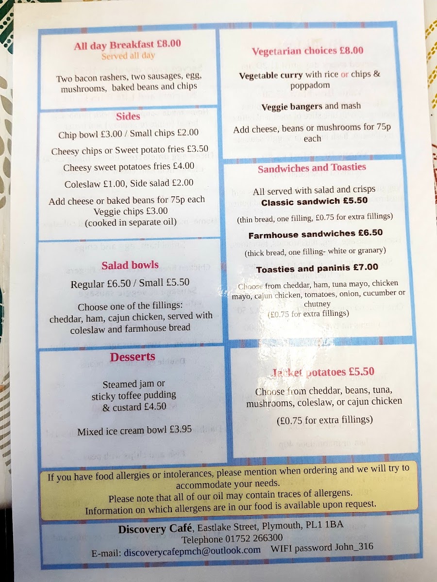 The Discovery Café menu board