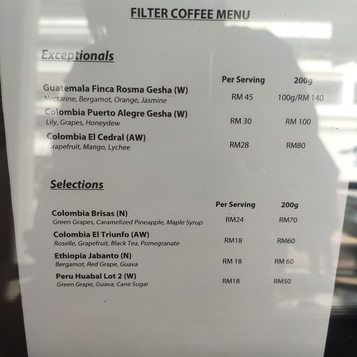 Reframe Coffee Roasters menu board