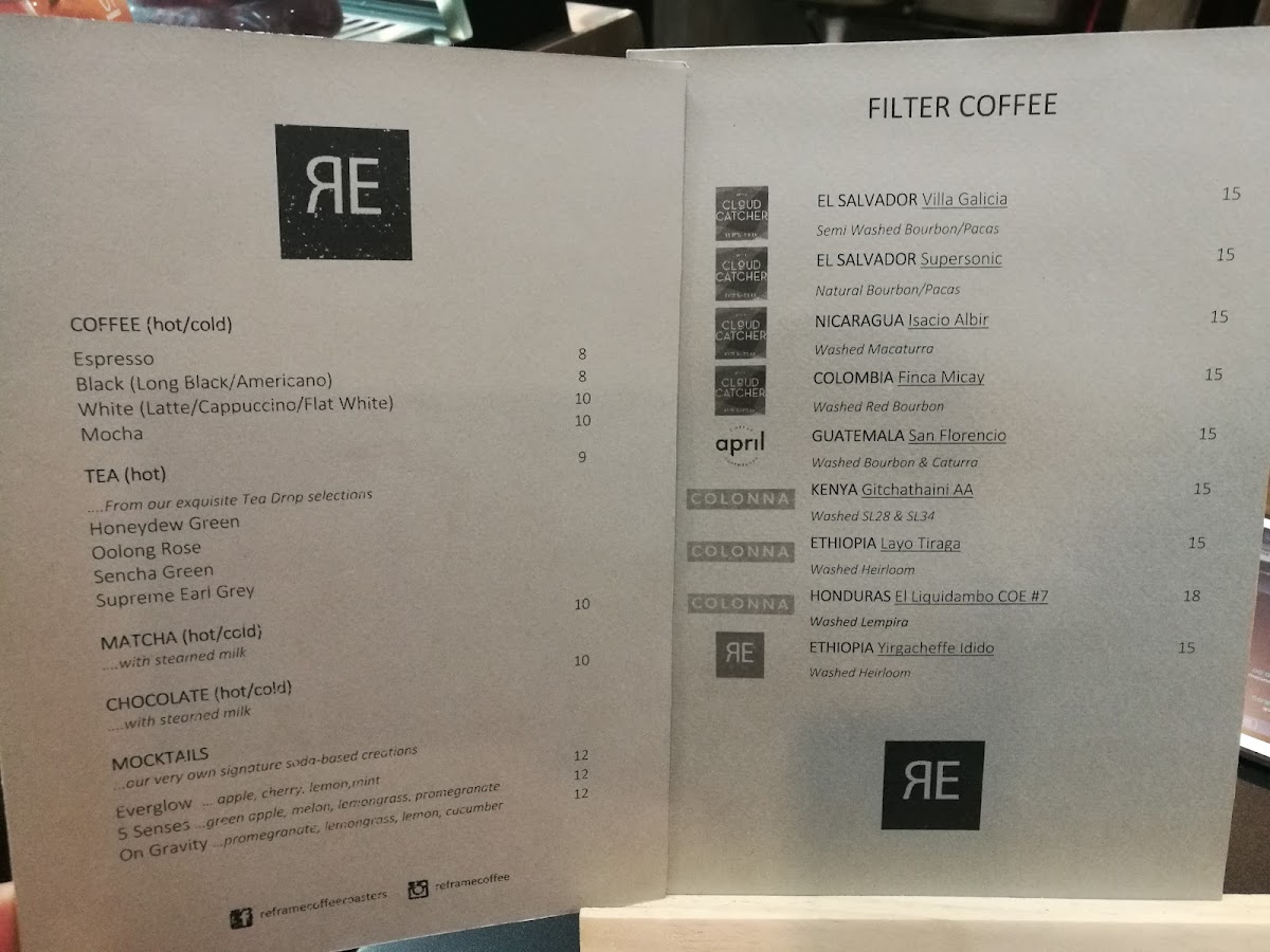 Reframe Coffee Roasters menu board