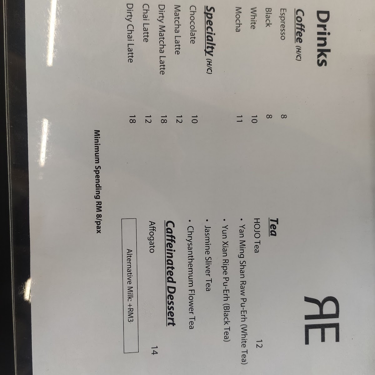Reframe Coffee Roasters menu board