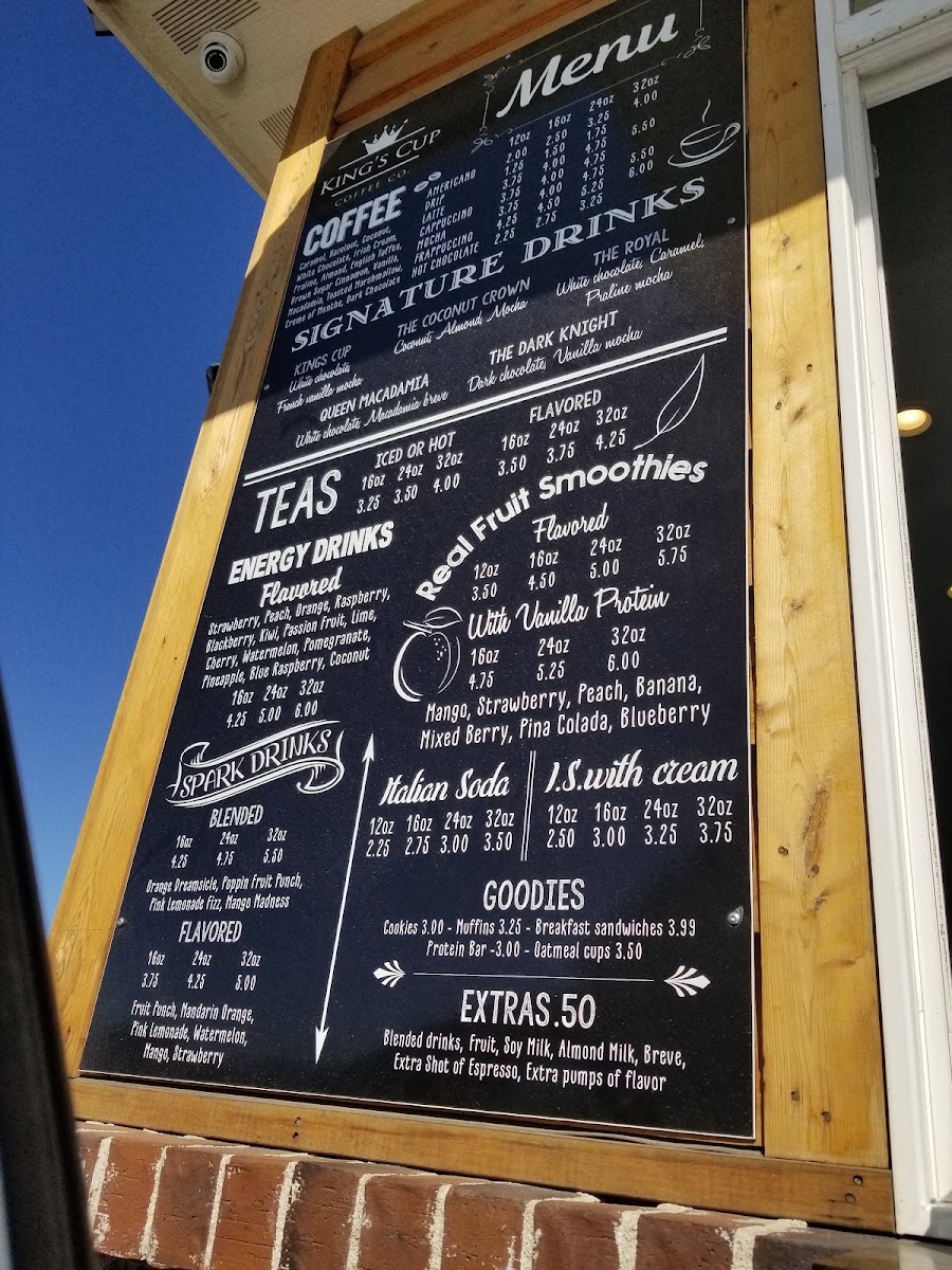 King's Cup Coffee menu board