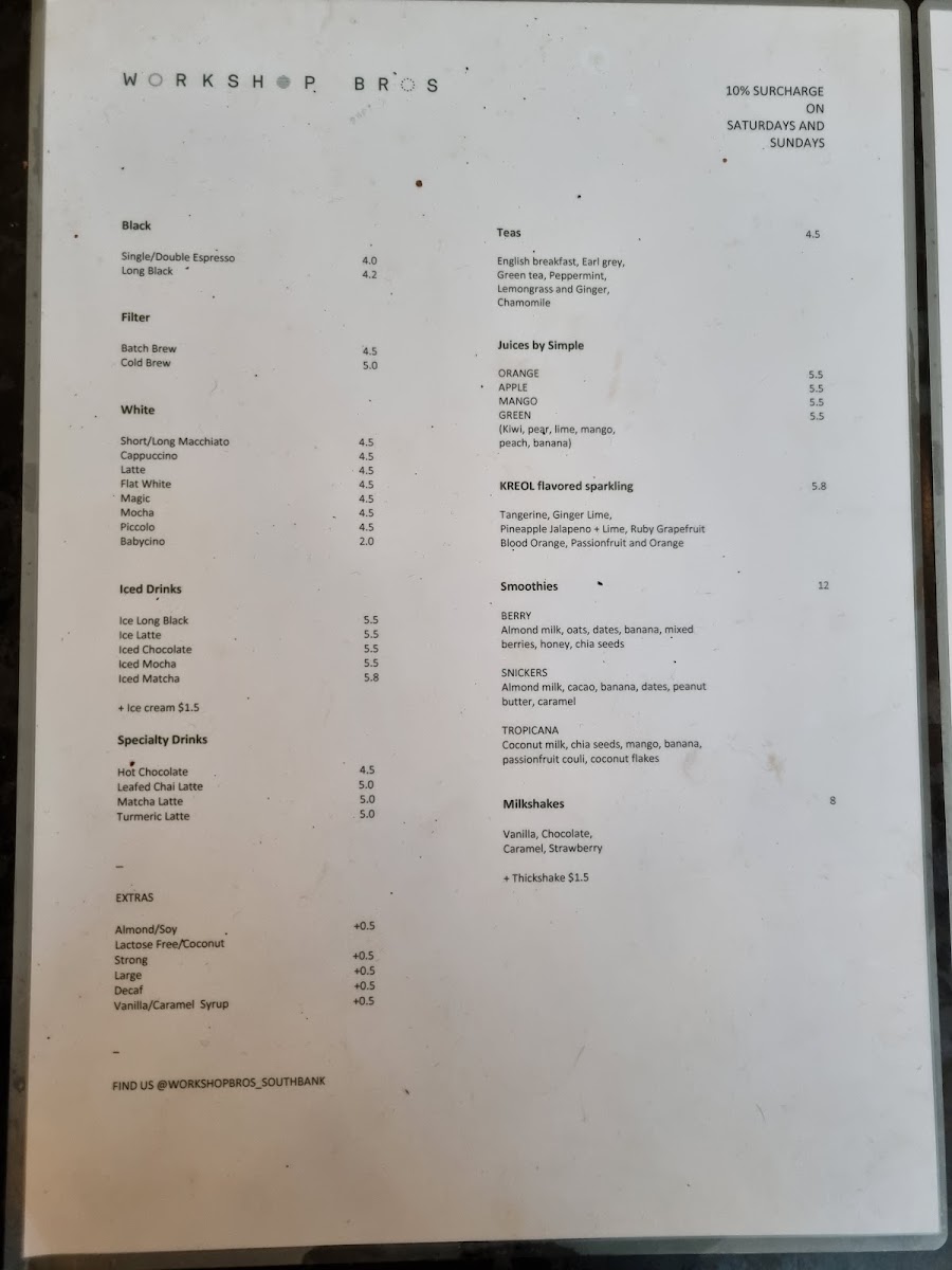 Workshop Bros Southbank menu board