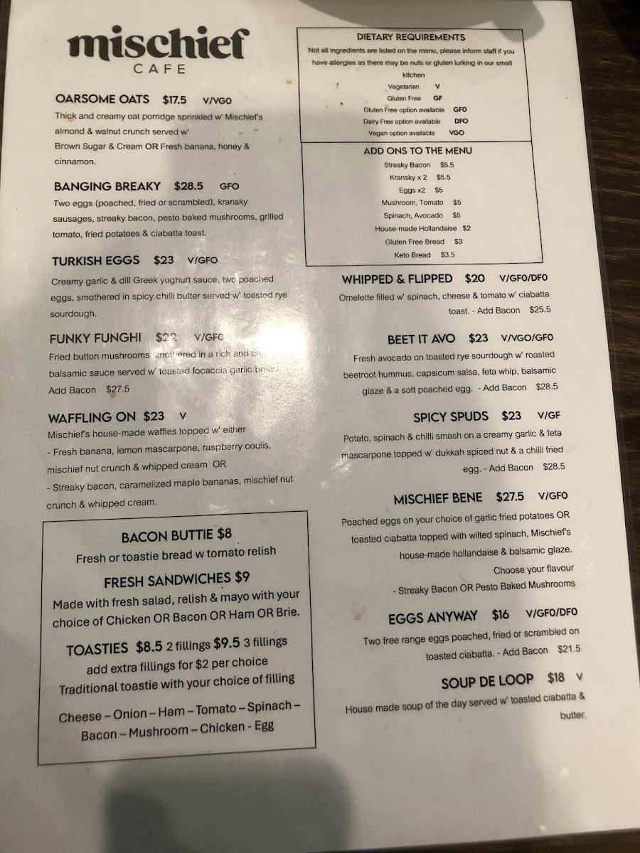 Mischief Cafe menu board