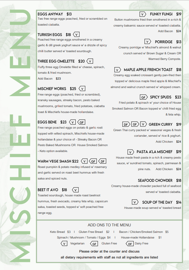 Mischief Cafe menu board