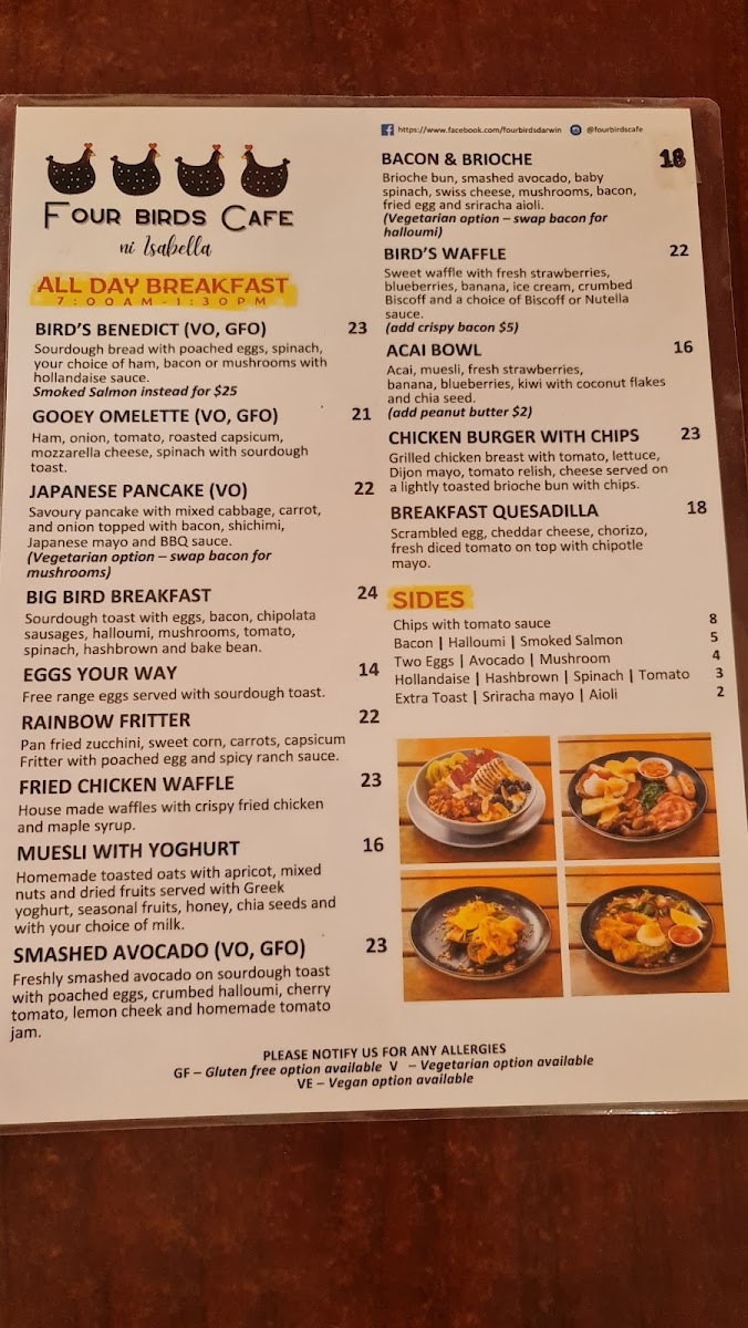 Four Birds menu board