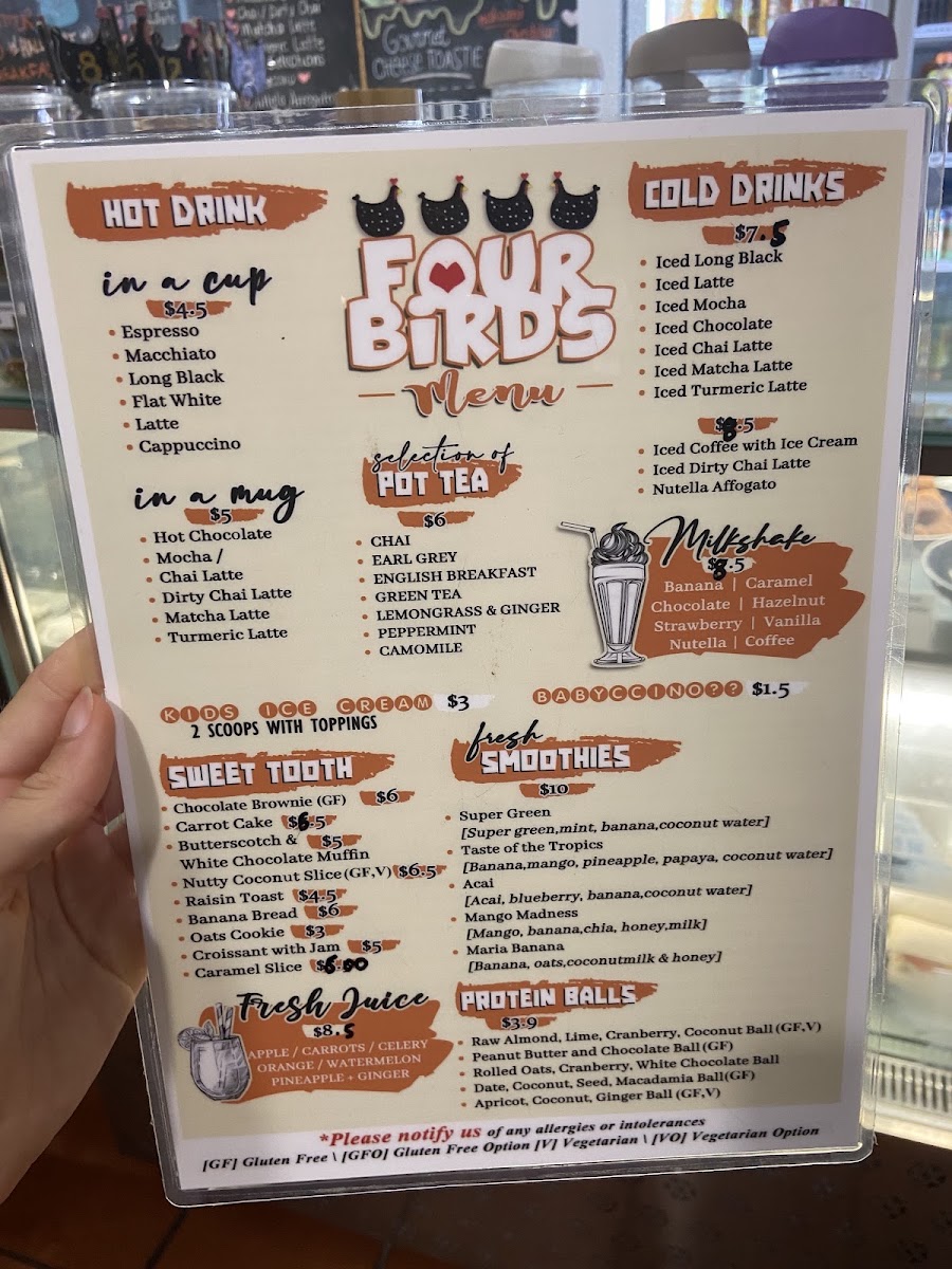 Four Birds menu board