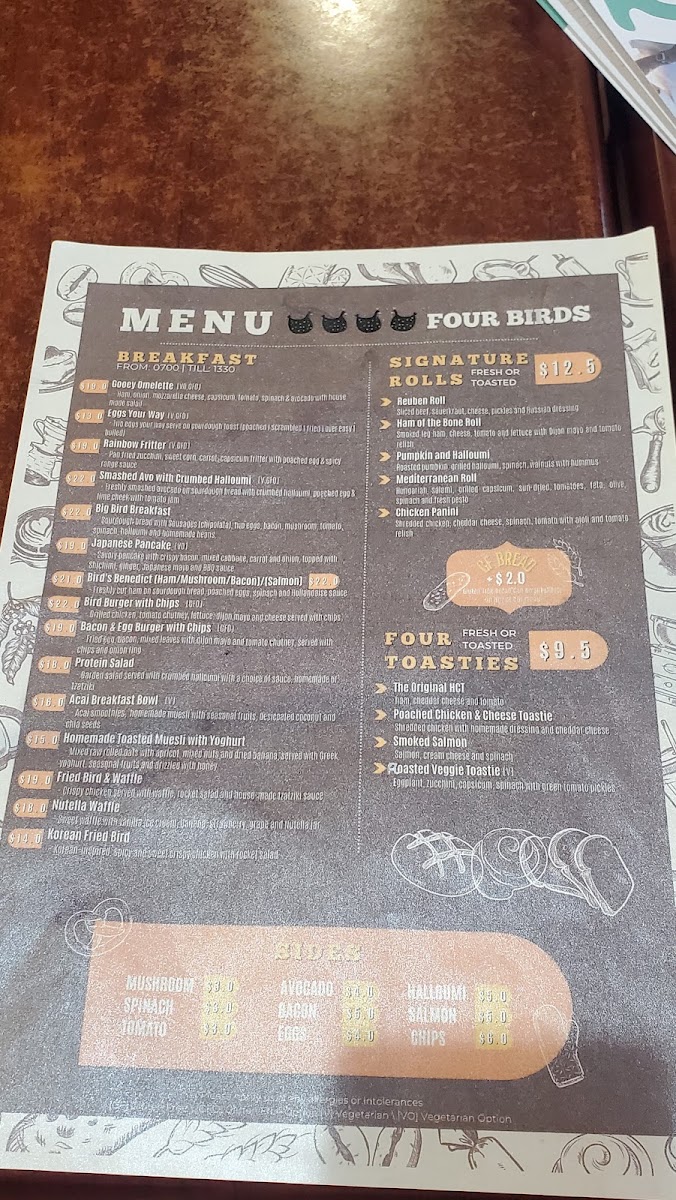 Four Birds menu board