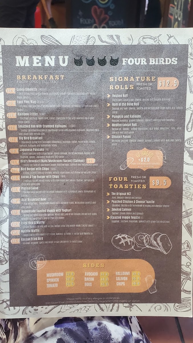 Four Birds menu board