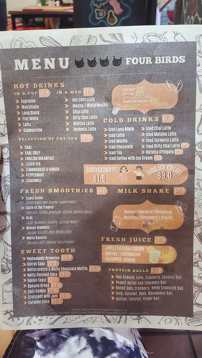 Four Birds menu board
