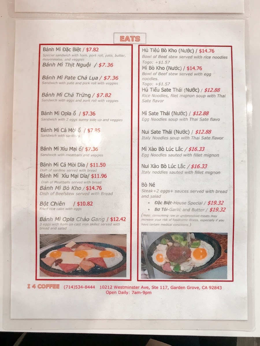 i4 Coffee Restaurant menu board