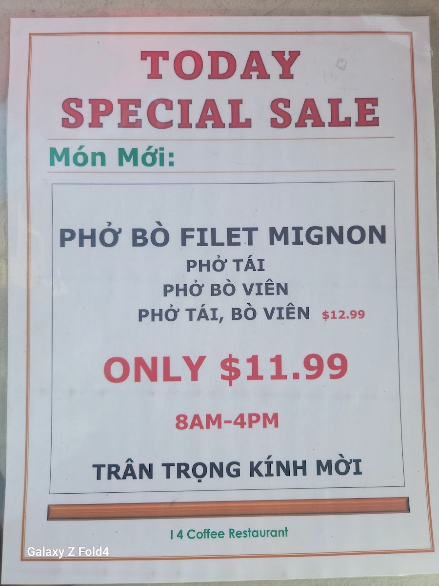 i4 Coffee Restaurant menu board