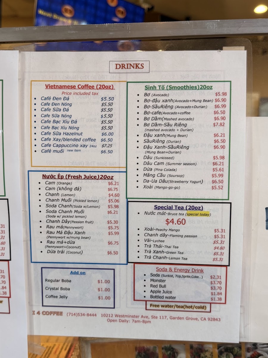 i4 Coffee Restaurant menu board