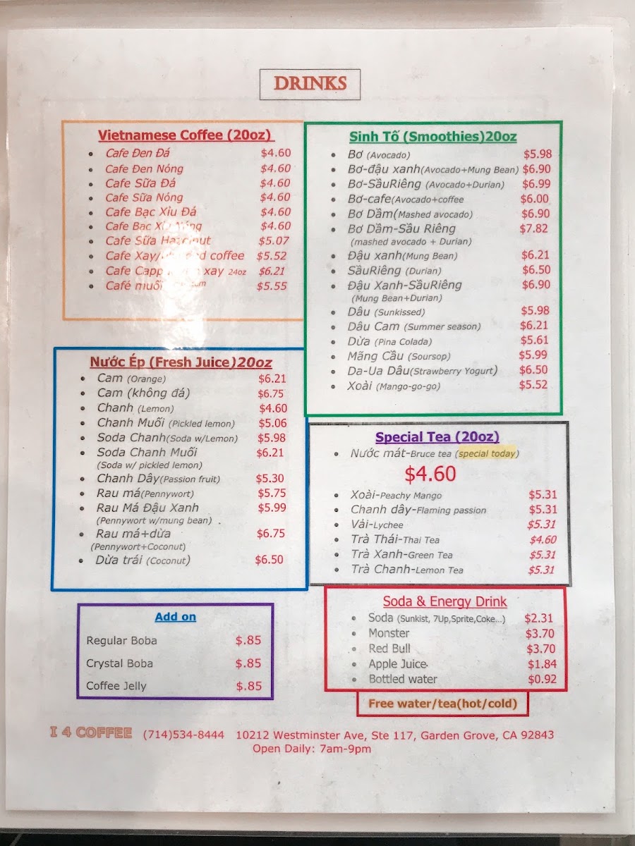 i4 Coffee Restaurant menu board
