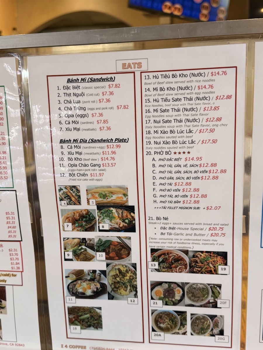 i4 Coffee Restaurant menu board