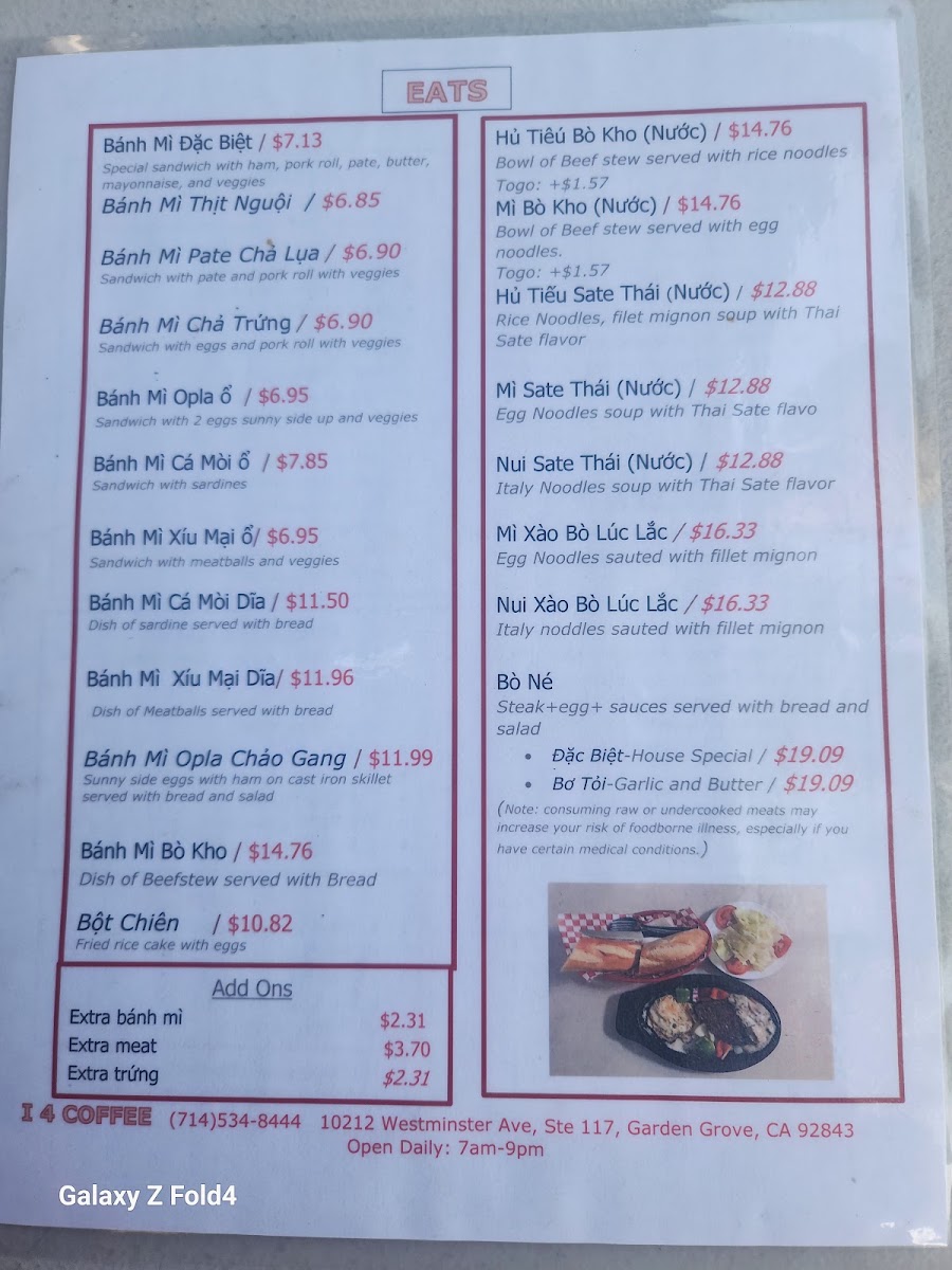 i4 Coffee Restaurant menu board