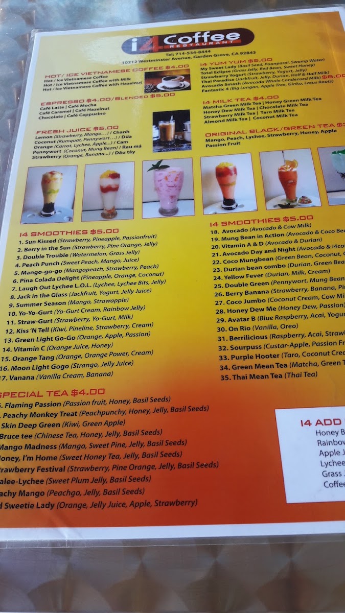 i4 Coffee Restaurant menu board