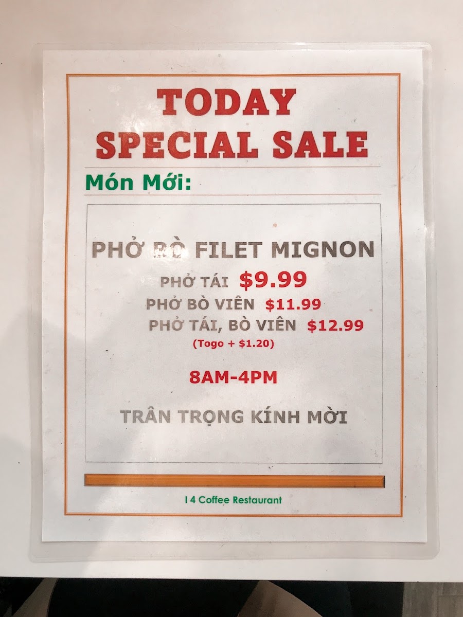 i4 Coffee Restaurant menu board