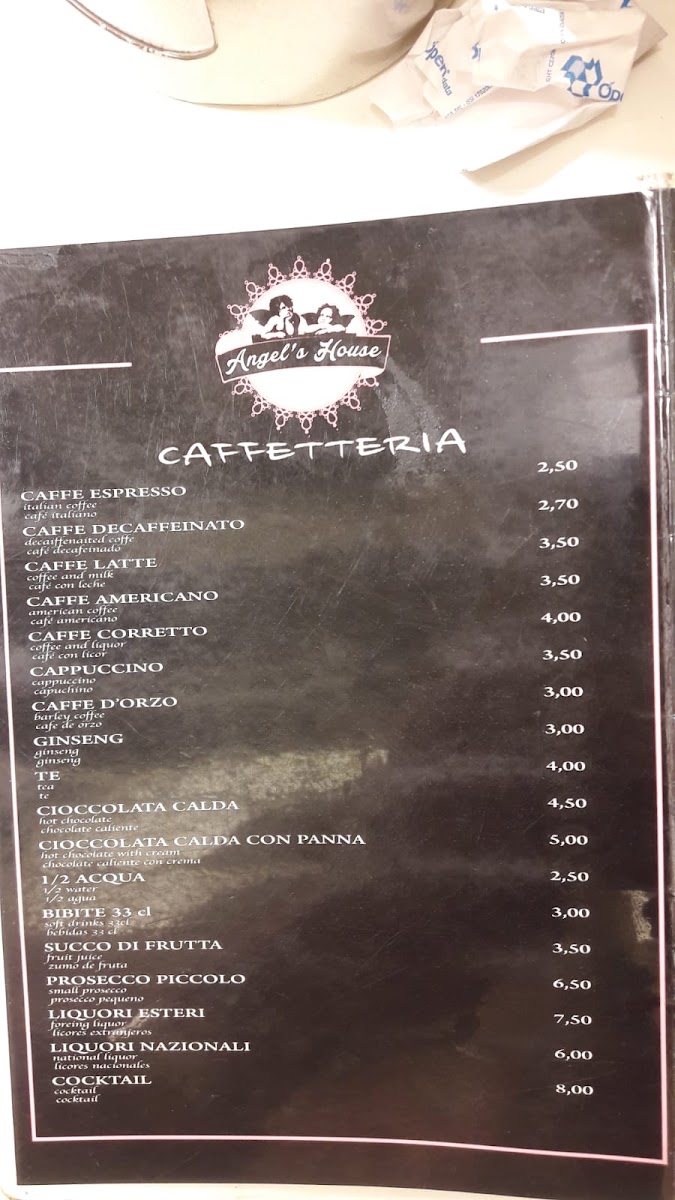BAR Cafe And Gelateria Angel's House menu board