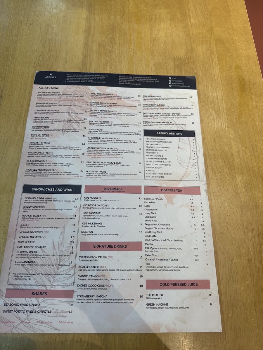 Archies Cafe co St Ives menu board