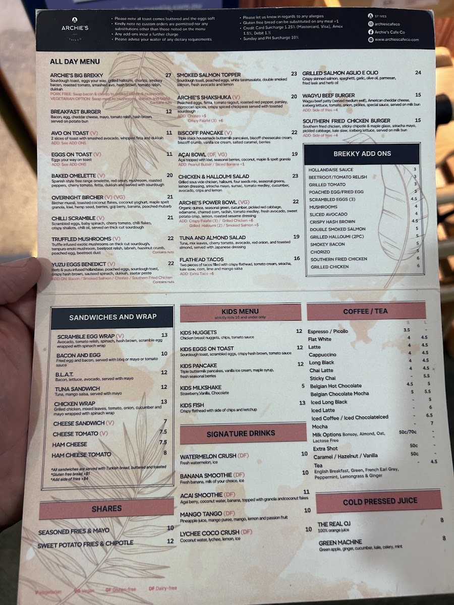 Archies Cafe co St Ives menu board