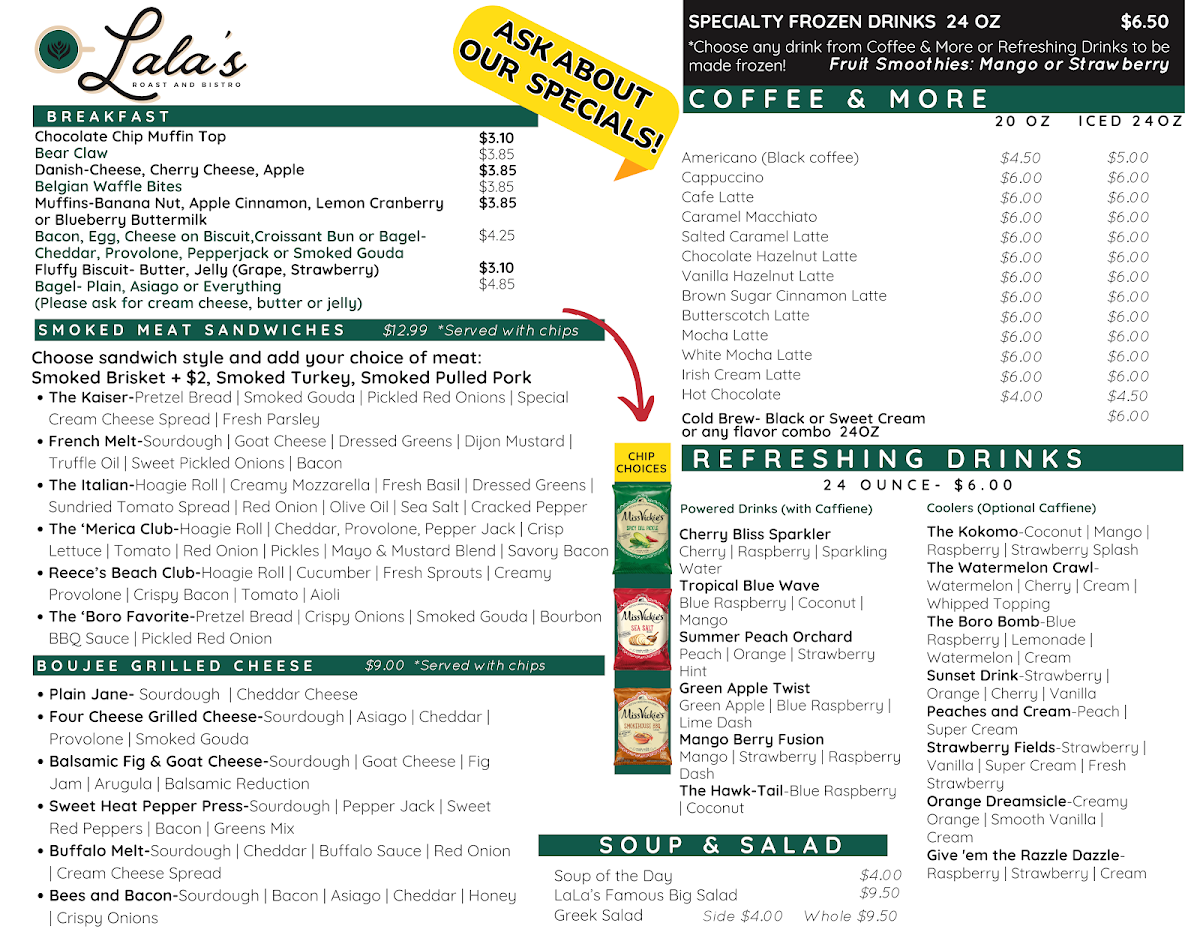 Lala’s Roast & Bistro menu board