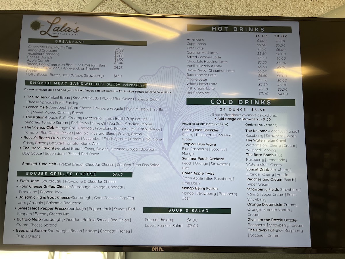 Lala’s Roast & Bistro menu board