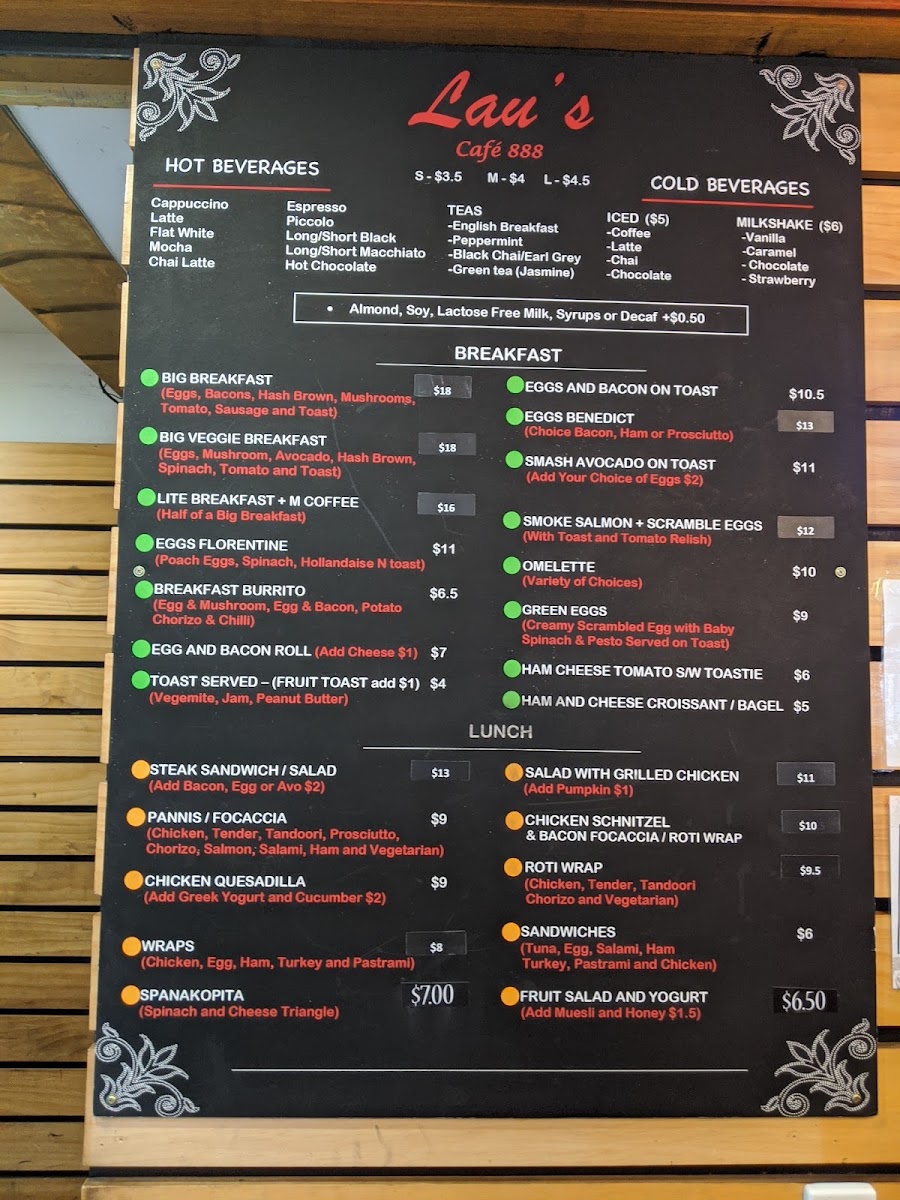Lau’s Café 888 menu board