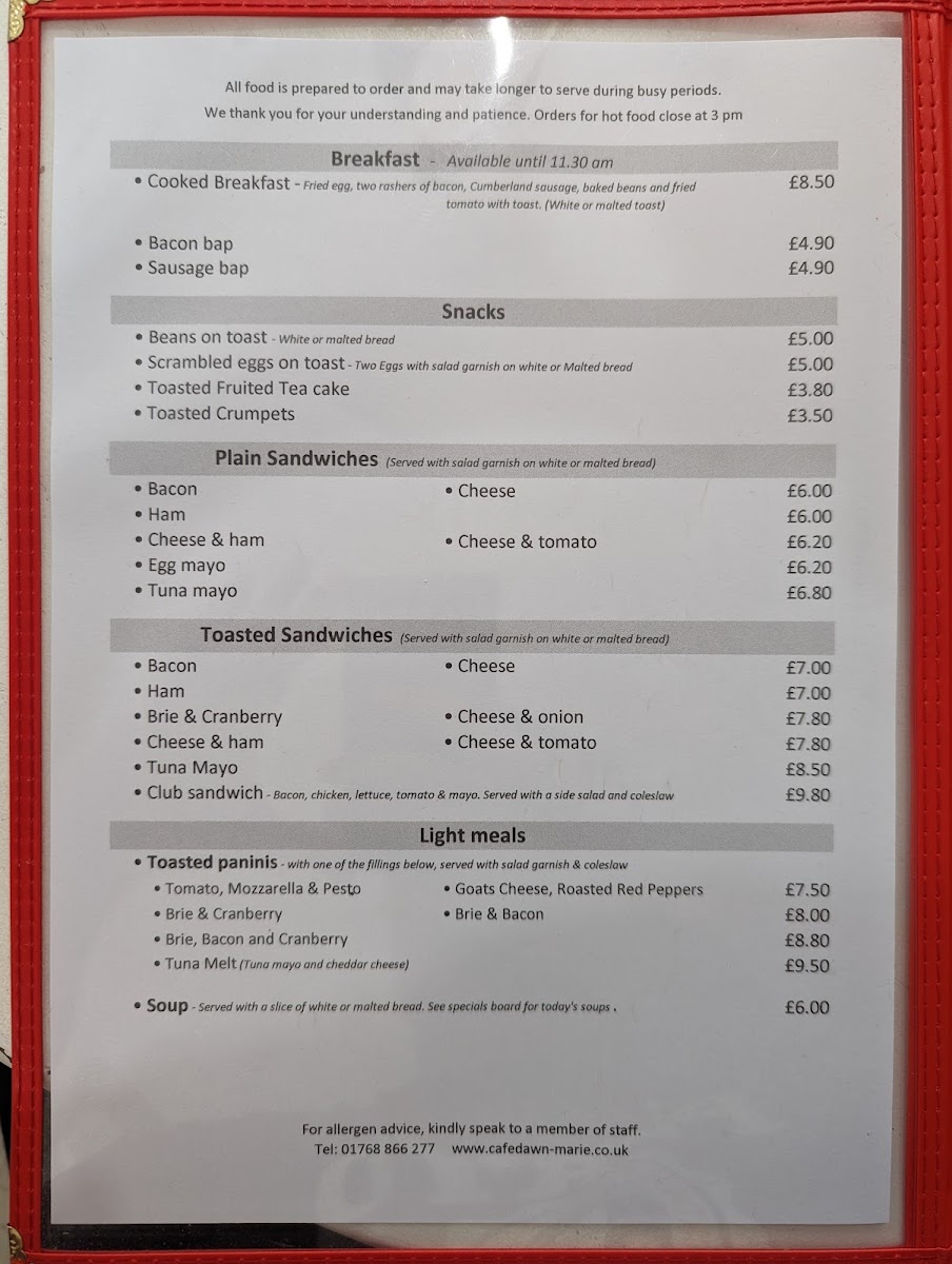Cafe Dawn-Marie menu board