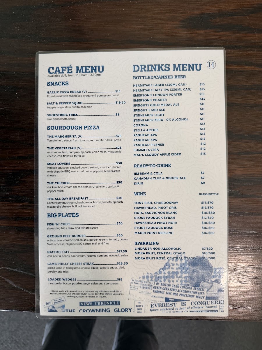 Sir Edmund Hillary Cafe & Bar menu board