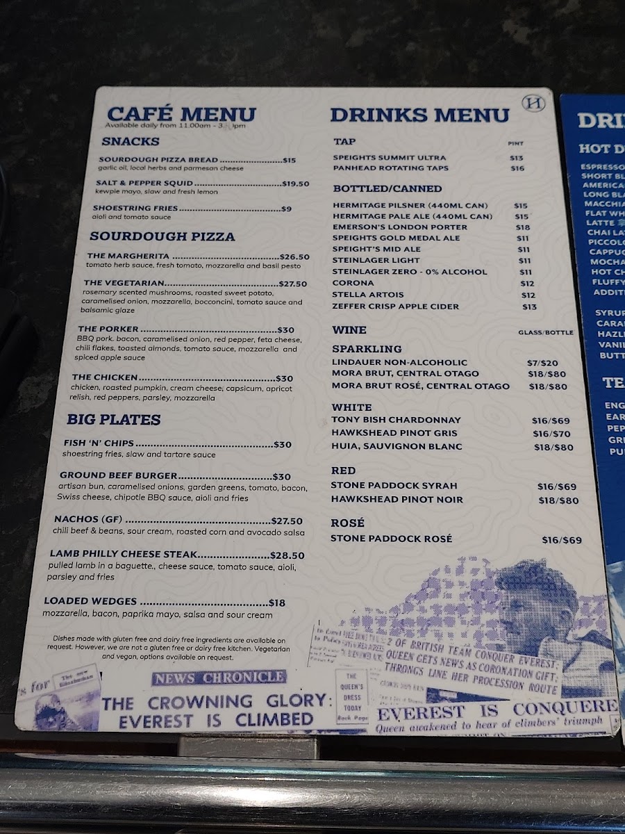 Sir Edmund Hillary Cafe & Bar menu board