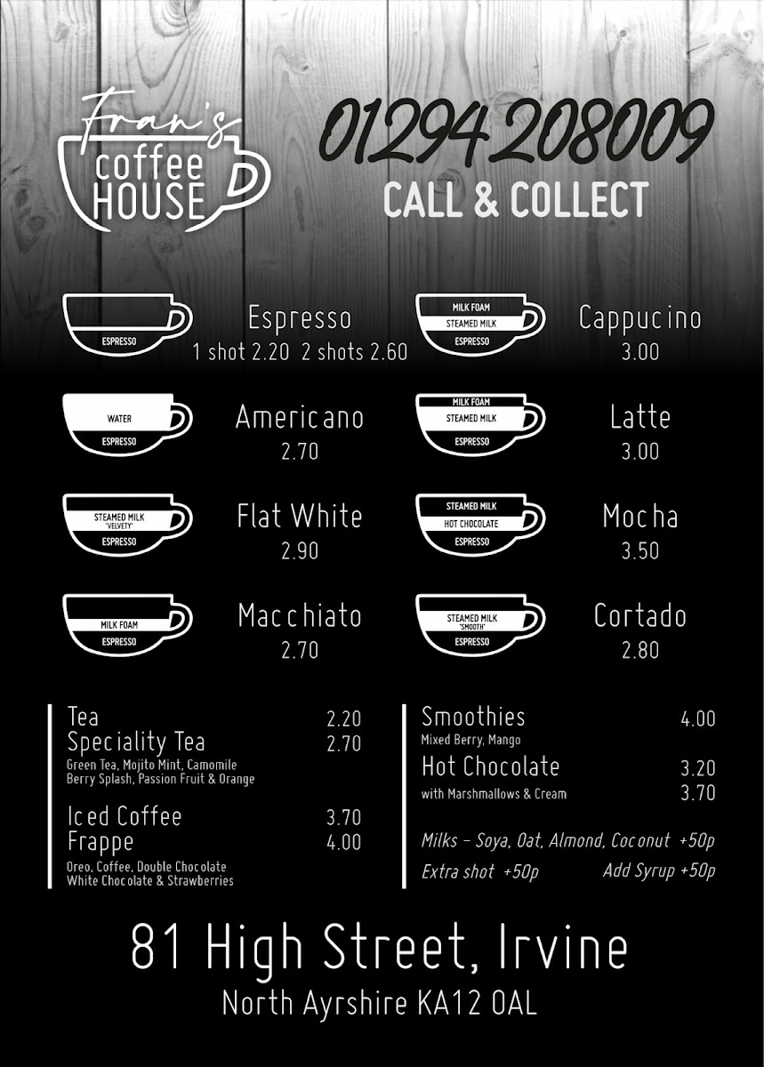 Fran's Coffee House menu board