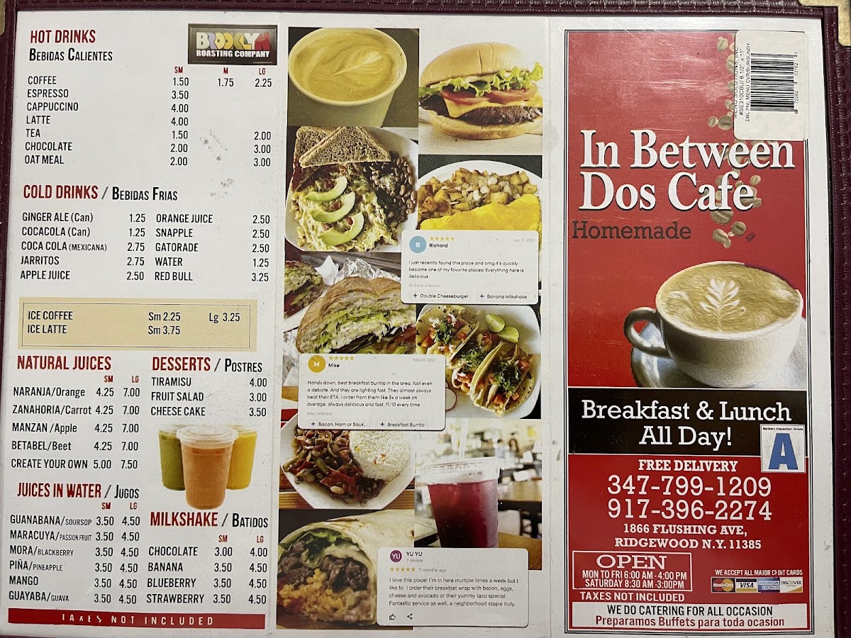 In Between Dos Cafe menu board