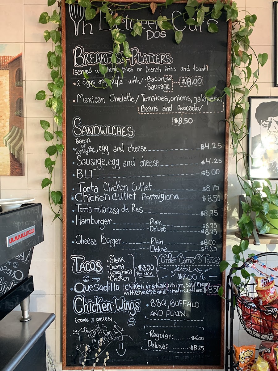In Between Dos Cafe menu board