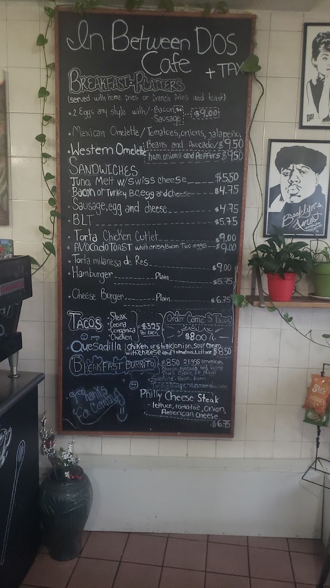 In Between Dos Cafe menu board