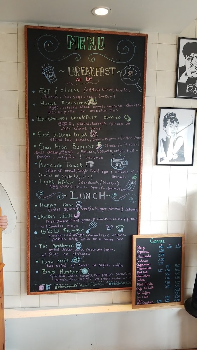 In Between Dos Cafe menu board