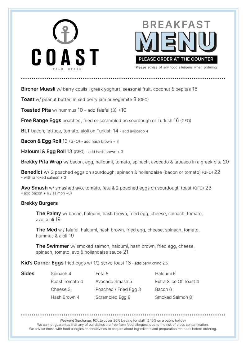 Coast Palm Beach menu board