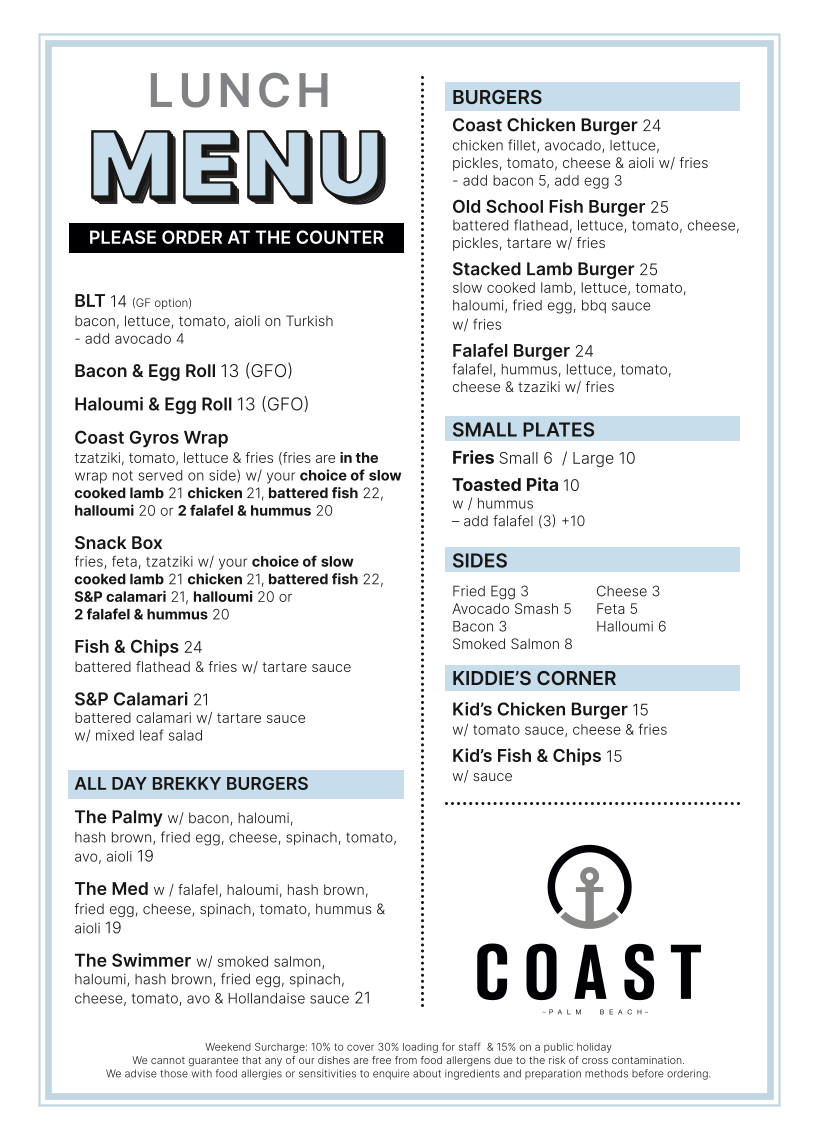 Coast Palm Beach menu board