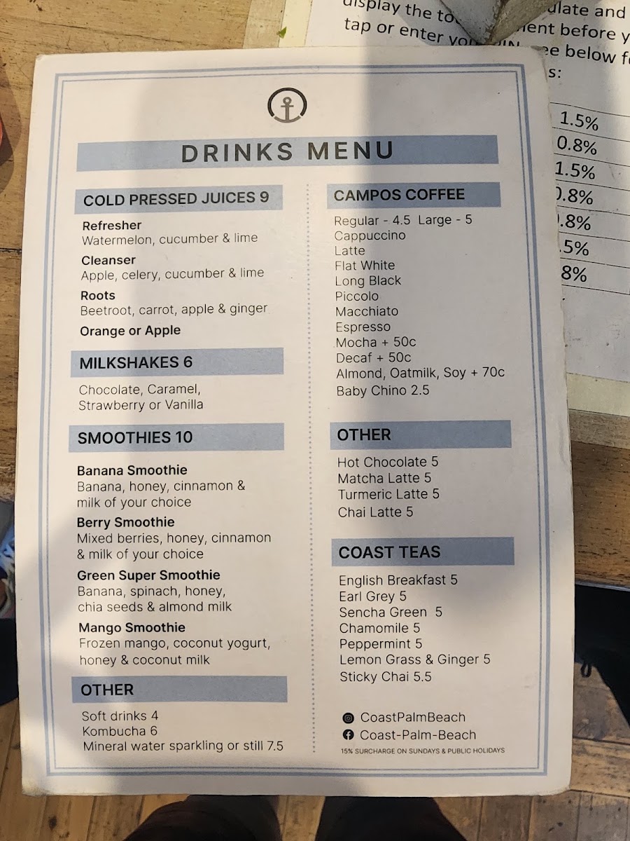 Coast Palm Beach menu board