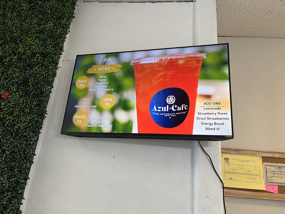 Azul Cafe San Luis menu board