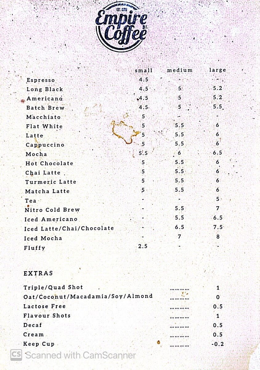 Empire Coffee menu board