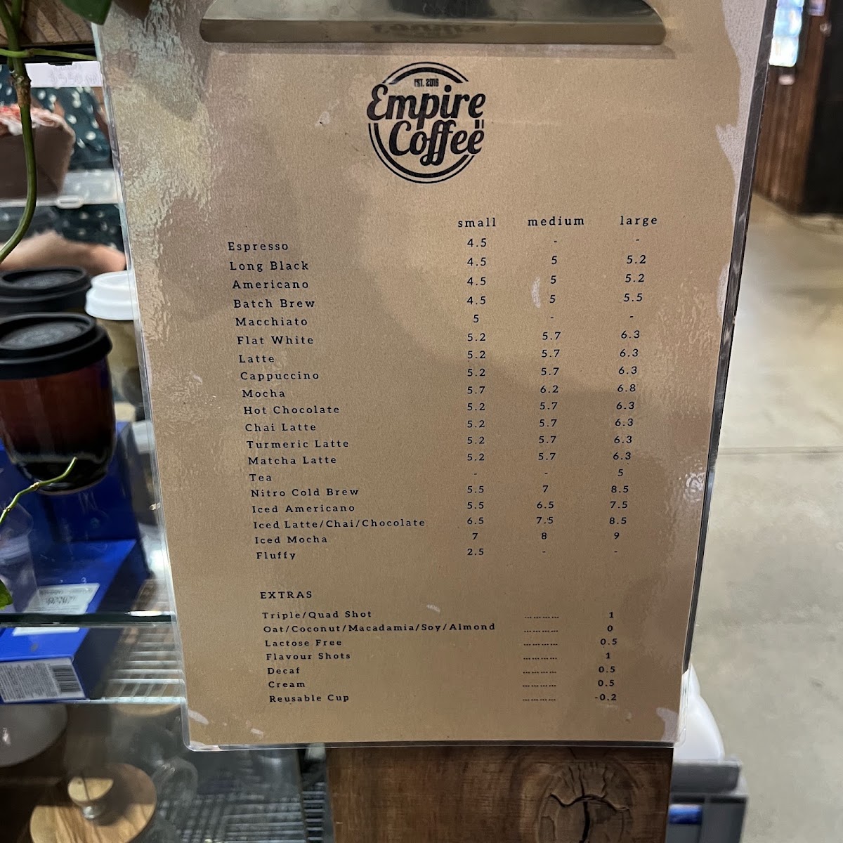 Empire Coffee menu board