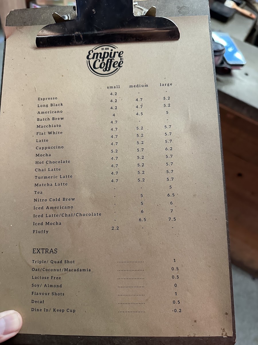 Empire Coffee menu board