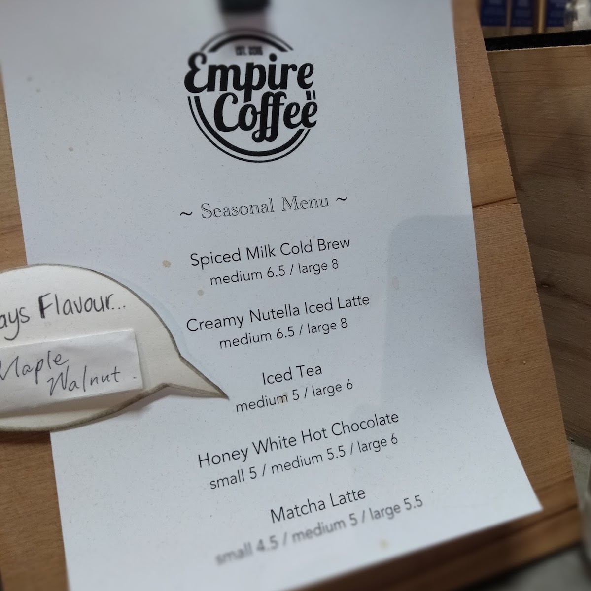 Empire Coffee menu board