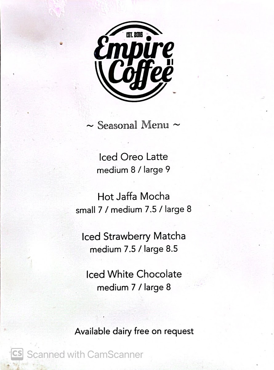 Empire Coffee menu board