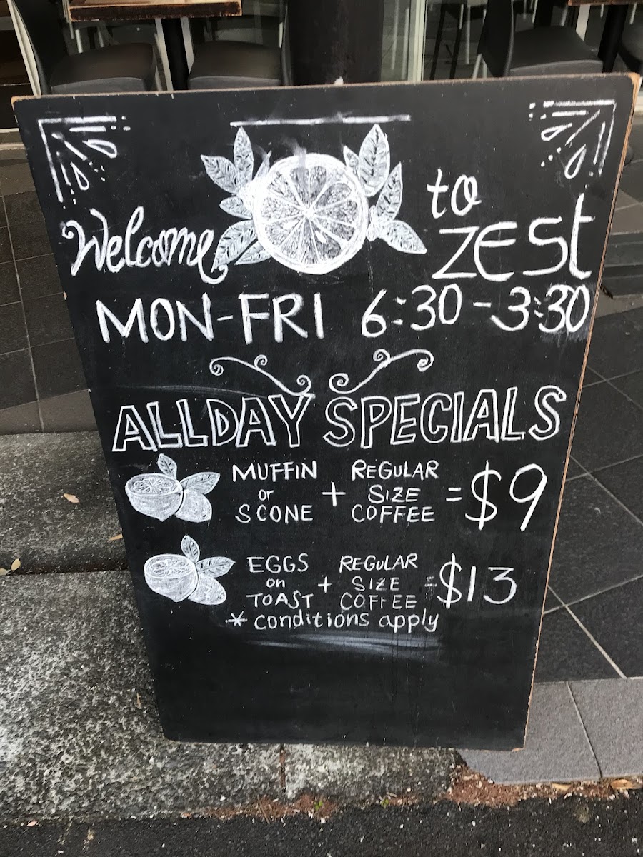Zest Cafe menu board
