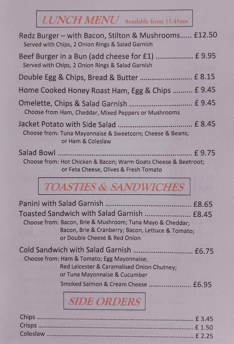 Redz Cafe Ashby de-la Zouch menu board