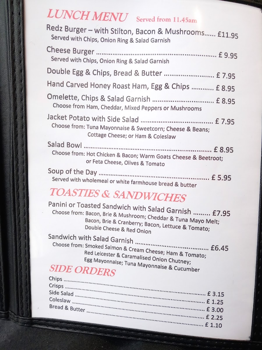 Redz Cafe Ashby de-la Zouch menu board
