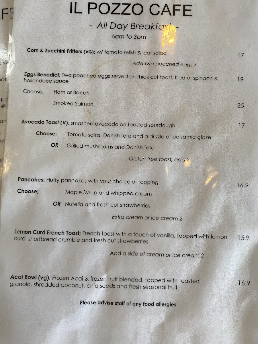 il Pozzo Cafe menu board