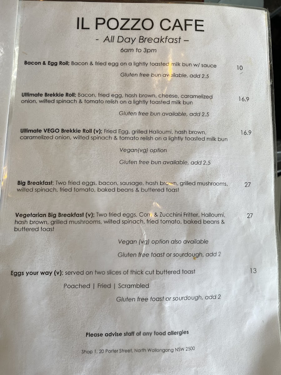 il Pozzo Cafe menu board