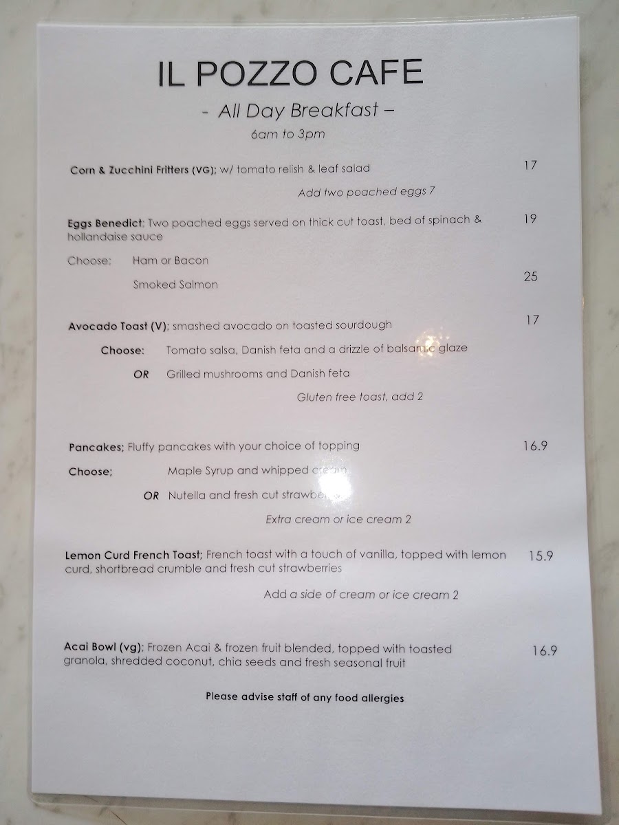 il Pozzo Cafe menu board
